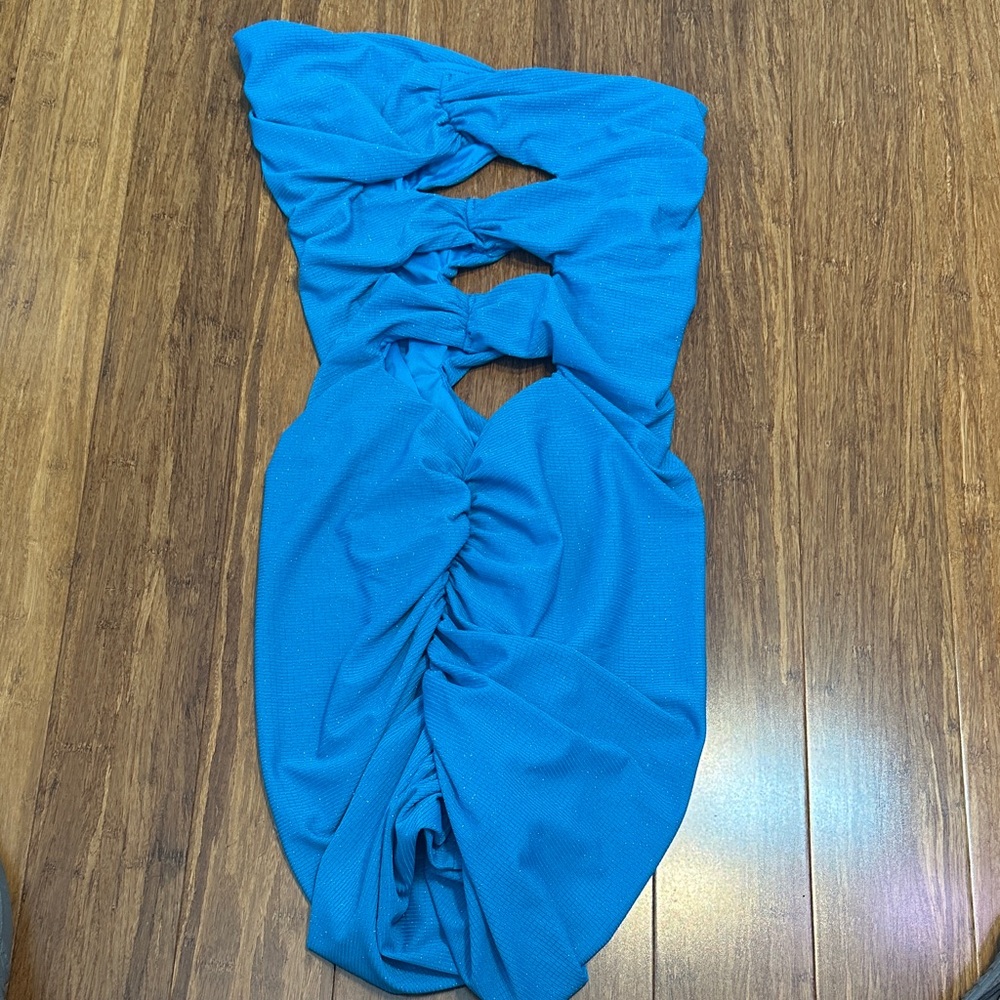 LAST CHANCE: Turquoise Strapless Ruched Dress - Picture 4 of 4